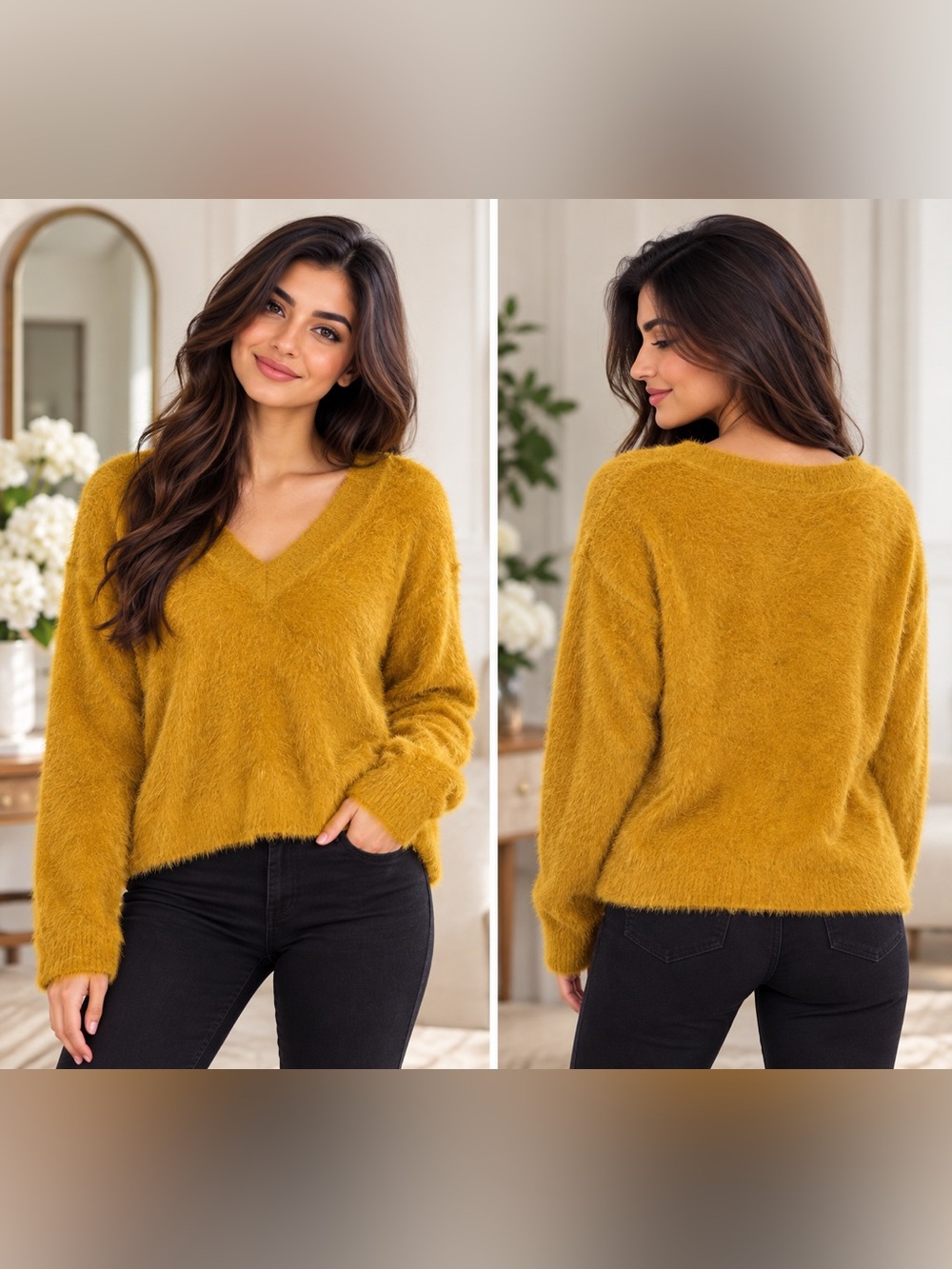 Rachel Zoe Mustard Yellow Fuzzy V-Neck Sweater Size XL